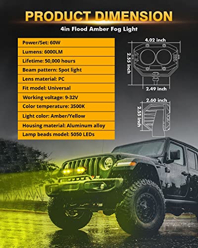 Image of Auxbeam 4In 60W Amber Fog Lights, Amber Led Pods Super Bright Spot Beam Offroad Lights with Plug and Play Wiring Harness Kit for Truck SUV ATV UTV Jeep Wrangler Motorcycle