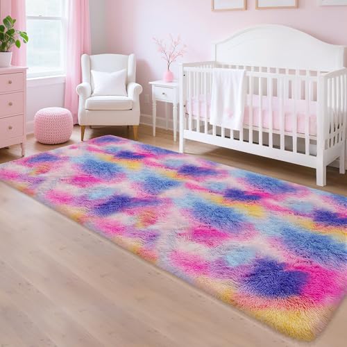 3x10 Hot Pink Rainbow Rug Runner for Bedroom Bedside, Soft Fluffy Plush Runner Carpet Kids Area Rug for Girls Room, Cute Princess Shag Rug for Living Room Hallway Nursery Colorful Kawaii