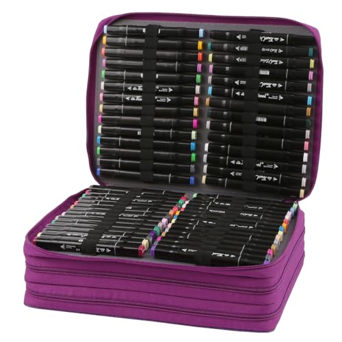 Image of Marker Pen Organizer Case 168 Slots w /Handle & Shoulder Strap | 3-Layer Zipped Pencil Pouch PU Leather w /Open Front pocket for Gel Pen Markers to Artists, Painters