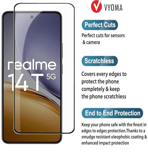 Image of VYOMA Military-Grade Gorilla Tempered Glass for Realme 14T (6.78 inch) (Black) | Edge to Edge Full Screen Coverage | Scratch Resistant | With Easy Installation Kit | Screen Protector for Smartphone | Bubble-Free | Ultra Clear HD Glass | Oleophobic Coating | High Clarity | 9H Hardness | Scratch Resistant | ShatterProof | ScreenGuard | Pack of 1)