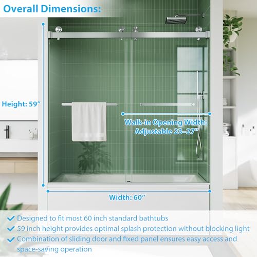 Image of GarveeTech 56-60 inch W x 59 inch H Shower Doors, Frameless Shower Door, Sliding Glass with 1 /4 inch (6mm) Clear Tempered Glass for Bathroom,Brushed Nickel