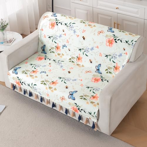Image of HOKIPO Printed Holland Velvet Sofa Cover with Tassels for 2 Seater Sofa | Full Protection for Sofa Seat and Back | 'Whispers of Nature' (160x120 cm), Pastel Butterfly Meadow (IN-1126-D2)