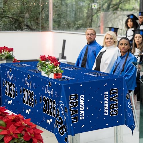 Image of QZYL 4 Pack Graduation Tablecloth, 54 inch x 108 inch Blue Graduation Table Decorations 2026, Plastic Tablecover for Class of 2026 Congrats Grad, Rectangle Disposable Grad Party Decorations Supplies Favors
