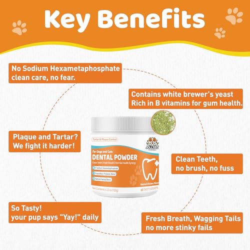 Image of Dog Teeth Cleaning Powder - Natural Dog Dental Powder -Gentle Dog Breath Freshener, Dog Plaque and Tartar Remover, Vet Formulated No Sodium Hexametaphosphate- 60 Scoops, 4.23oz (120g)