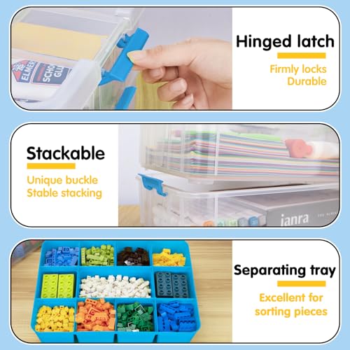 TERGOO 2 Layer Plastic Storage Containers with Removable Tray, Multipurpose Stack & Carry Box with Lid, Portable Craft Organizers and Storage Bin for Organizing Art & Craft Supplies, Crayon(Blue)