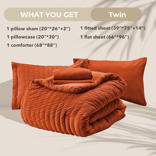 Image of HYMOKEGE Burnt Orange Twin Comforter Set Seersucker 5 Pieces, All Season Luxury Bed in a Bag for Bedroom, Bedding Set with Comforters, Sheets, Pillowcase & Sham