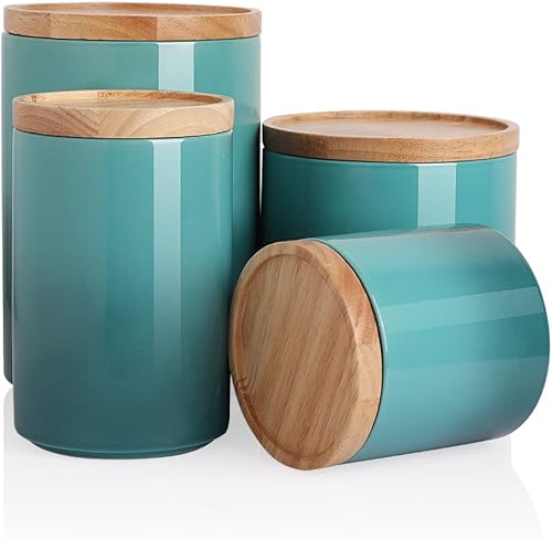 Sweejar Kitchen Canisters - Juego de tarros de cerámica para almacenamiento de alimentos, recipientes apilables con tapa de madera hermética para