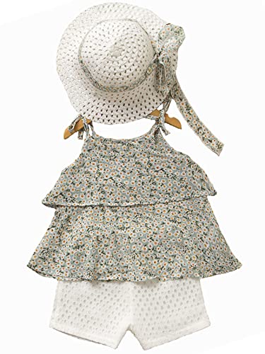 Image of popopie Toddler Baby Girls Summer Clothes Outfits Chiffon Floral Print Tops and Shorts Set with Sun Hat 3-Piece