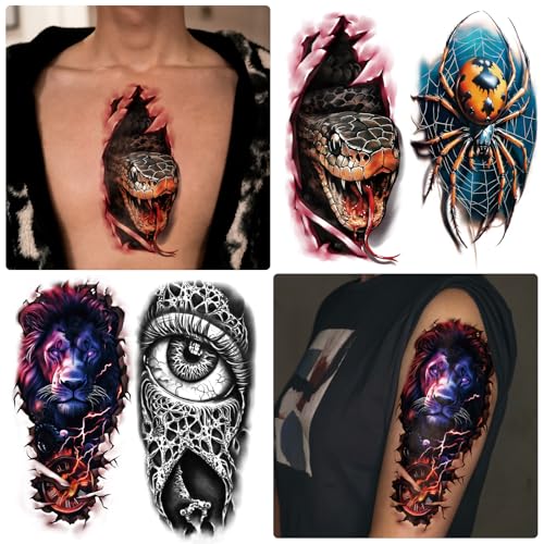 Image of 77 Sheets 3D Realistic Temporary Tattoos Adults Kids, Realistic Skull Tiger Wolf Lion Dragon Spider Snake Temporary Tattoos For Women Men, Half Arm 3D Halloween Temp Tattoos Look Real And Last Long