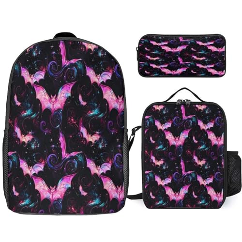Colorful Bats Halloween Backpack Set 3 Pieces Backpacks Lunch Bag Wallet For Travel Outdoor Sports