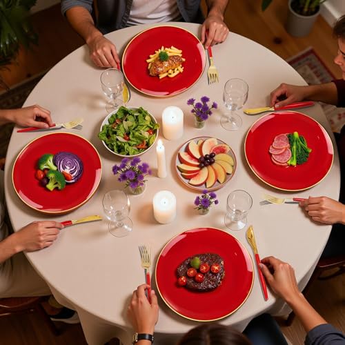 DaYammi 150Pcs Red Plastic Plates & Gold Cutlery with Red Handle,Christmas Disposable Plates Set Include 30 Dinner Plate, 30 Dessert Plate,30 Knives,30 Forks,30 Spoons for Christmas Party Holiday – Image 6