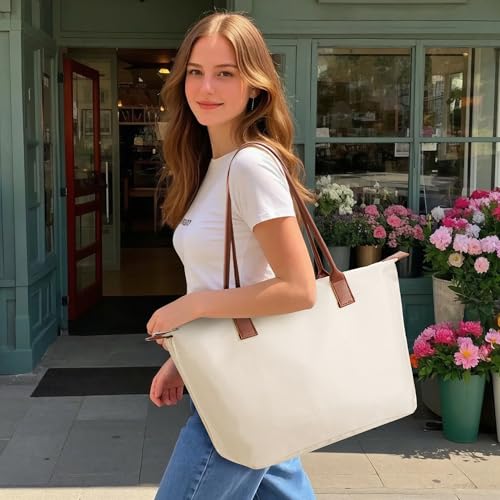 Image of Tote Bag for Women, Casual Hobo Bag Vegan Leather Top-Handle Purse Foldable Shoulder Nylon Zipper Handbag