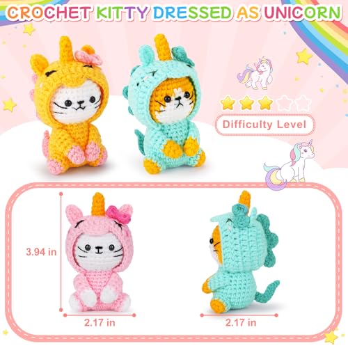 Image of Crochet Kit for Beginners - 3 PCS Unicorn Cat Crochet Kits with Step-by-Step Video Tutorials, Beginner Crochet Kit for Adults, Crochet Animal Kit for Starters, Cat Dressed as Unicorn Set