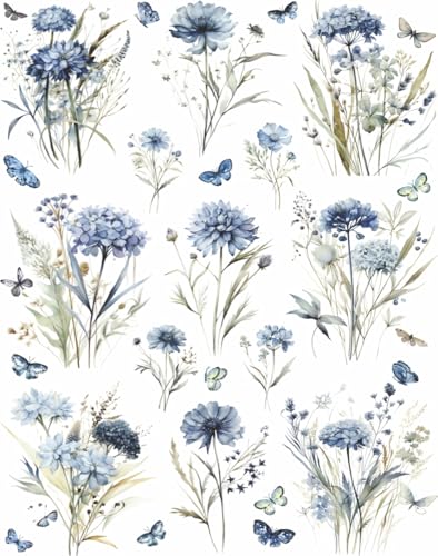 Papier de riz floral bleu pour relooker un meuble ancien en bois