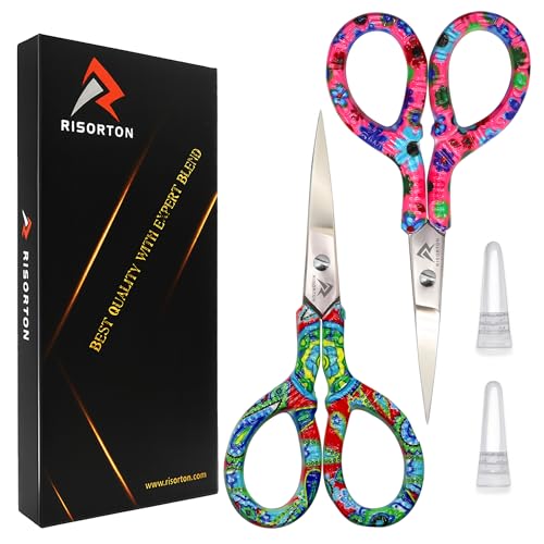2 Piece Small Embroidery Scissors Set Ultra Sharp Precision Craft Scissors with Wide Comfortable Grip Fits Most Finger Sizes Stainless Steel Blades with Safety Caps for Sewing Quilting Crochet