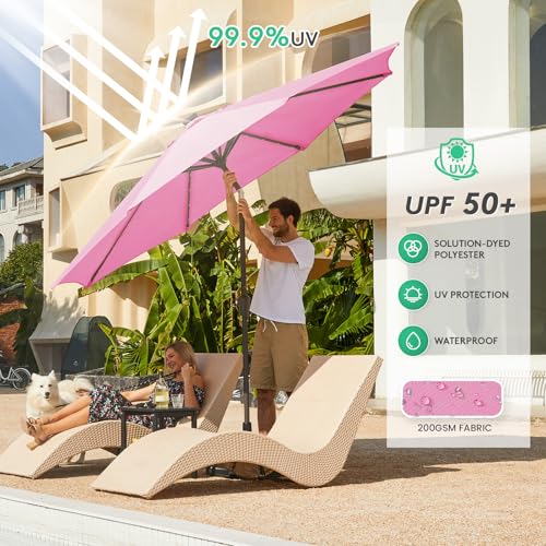 Image of JEAREY 9FT Outdoor Patio Umbrella with Solar Lights, LED Lighted Pool Umbrella with Tilt and Crank, Outdoor Table Umbrellas for Deck, Yard & Market (Rose Pink)