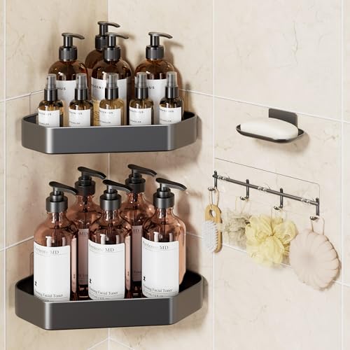 Image of Veken Aluminum Corner Shower Caddy 4-Pack, Never Rust&Large Capacity, Grey | No Drilling Shelves, Rack with Soap Holder&Towel Bar, Super-Strong Adhesive for High Load, Bathroom Organizers and Storage