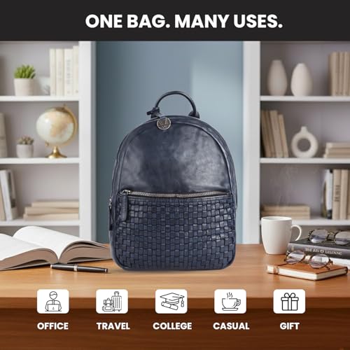 Image of Genuine Leather Backpack for Men, Casual Backpack for Women Office Bag with Adjustable Shoulder Strap (VL-054-NAVY)
