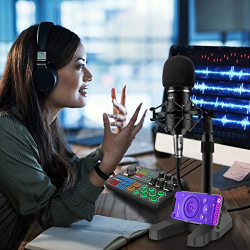 Podcast Equipment Bundle Audio Interface Sound Mixer All-In-One With 3.5Mm Condenser Microphone Strong Microphone Stand Set For Live Broadcast,Recording,Gaming #TOP5