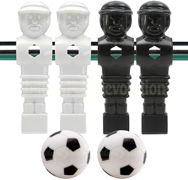 4 Black and White Foosball Men and 2 Soccer Balls