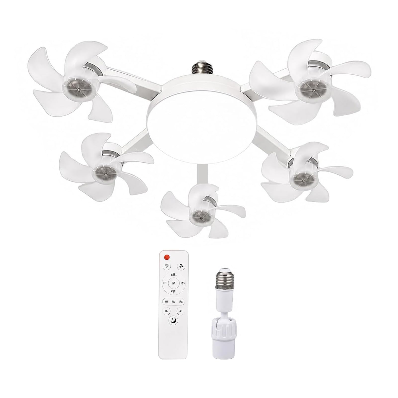 Ceiling Fan with Light and Remote Control, Foldable Blade Silent LED Fan Light, E27 Socket Fitting, 3-Speed Dimmable Lamp for Bedroom Kitchen, 40-60cm Adjustable White 5pcs C