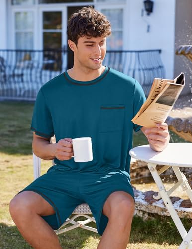 Image of Ekouaer Men's Pajamas Set Casual Short Sleeve Shirts and Shorts Soft 2 Piece Loungewear With Pockets