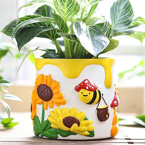 GUGUGO Colorful Bees and Sunflowers Plant Pots, Cute Unique Succulent