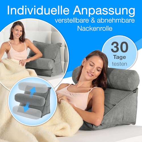 ELONEO Rückenkissen Bett/Sofa mit Abnehmbarer Nackenrolle und Seitentasche, Rückenstützkissen mit Nackenkissen, Bezug waschbar, Lesekissen, Bücherkissen, Rückenlehne