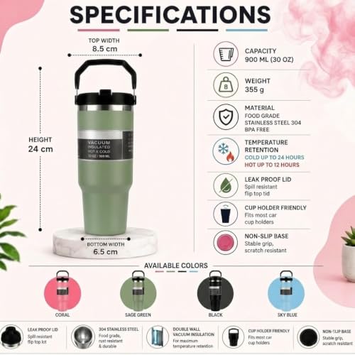 Image of 900ml Insulated Tumbler with Handle and Straw Lid | Stainless Steel Vacuum Mug | Leakproof Water Bottle | Hot & Cold Coffee Tumbler | Drinking Cup for Gym, Office, Car, Camping & Travel (Green)