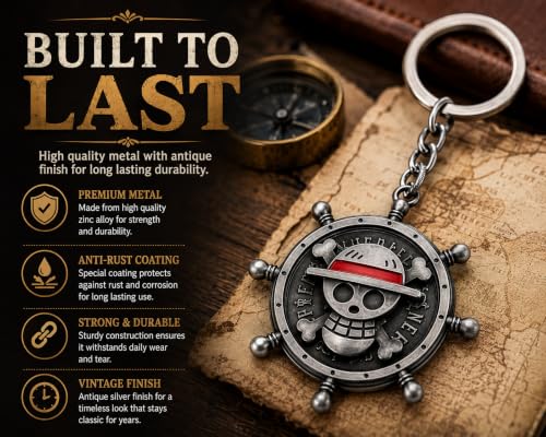 Image of One Piece Anima Manga Pirate Flag Logo Wheel Rotating Heavy Metal Keychain,|Anime Key ring| Perfect Keychain For Anime Lover|car Bikes Gold & Grey Combo pack