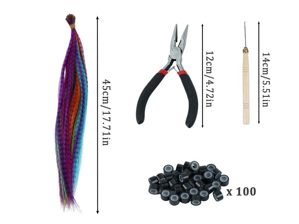 Federhaarverlängerungs-Set,50 Stück Feder Extensions Strähnchen Bunt,Bunte Haarverlängerungs Set mit 100 Silikonring,Zange und Häkchen,Haarschmuck für Barparty,Halloween,Cosplay