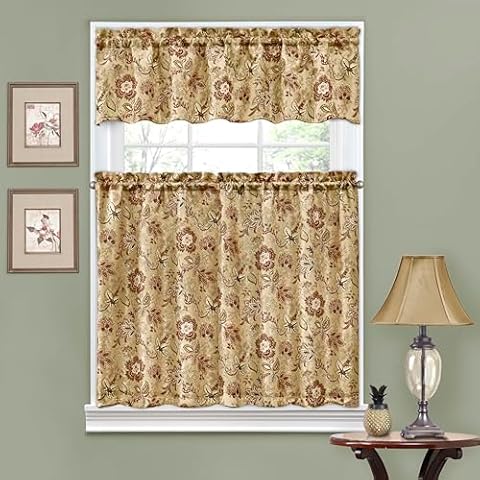 Waverly Traditions Navarra Modern Farmhouse Rod Pocket Cafe Tier and Valance Set for Windows in Kitchen or Bathroom, Double Panel, 52" x 36", Antique Cover