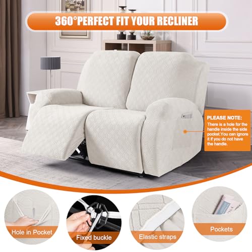 Image of VANSOFY Recliner Cover, 2-Pieces Stretch Reclining Couch Cover with Pockets Loveseat Sofa Slipcovers Soft Washable Furniture Protector for Dogs Cats(Off White)