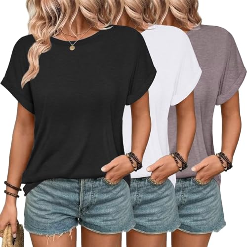 3 Pack Womens Summer Tops Slightly Oversized Short Sleeve Bussiness Casual T Shirts Trendy Clothes Loose Outfit 2025