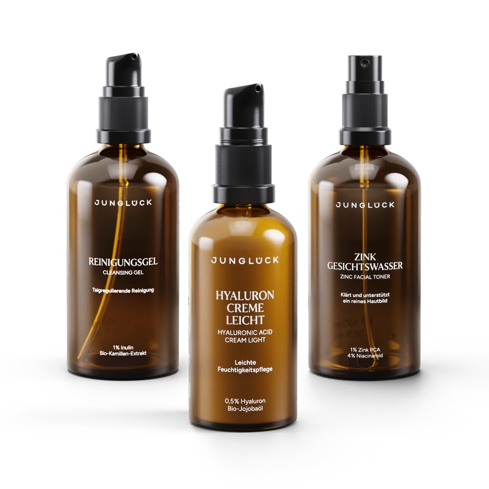 JUNGLÜCK Basis-Pflege Set Ölige Haut | Reinigungsgel 100ml + Zink Gesichtswasser 100ml + Hyaluron Creme Leicht 50ml – 3-Schritte Pflege