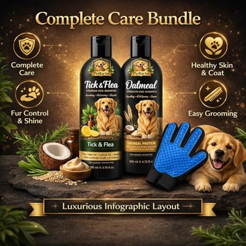 Image of Dog Grooming Combo Tick & Flea Shampoo 200ml + Oatmeal Shampoon 200ml with Deshedding Glove | Anti Tick Cleansing Moisturizing Bath Care Kit for Dogs | Fur Removal Massage Glove Grooming