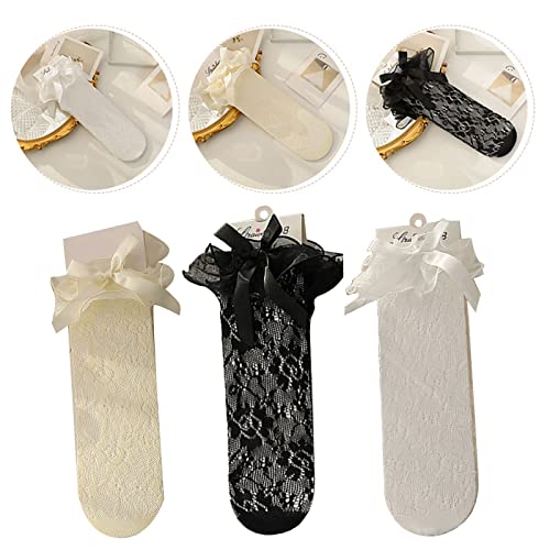 Socks,Kids Girls Mesh Knee High Socks Sweet Organza Ruffle Trim Cute Bowknot Rose Floral Lace Calf Stockings3