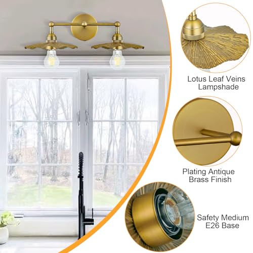 Image of PASSICA DECOR Hardwired 2 Head Wall Sconce Indoor Wall Light Antique Brass 2-Lights with Flower Shade Wall Lighting Fixture for Bathroom Vanity Kitchen Sink Bedrroom Living Room Farmhouse
