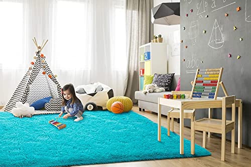 Image of Handmade 2 Inch Pile Height Super Soft Touch Export Quality Plain Shag Rectangular Carpets For Home Size 6 X 6 Feet Color Teal Blue
