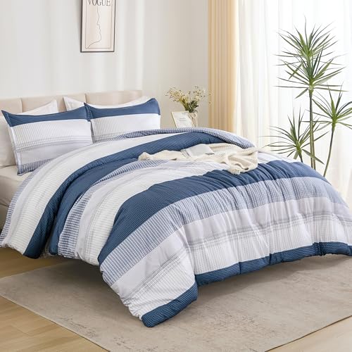 Litanika Mineral Blue California King Comforter Set - 3 Pieces Cal King Oversized Lightweight Summer Colorblock Stripe Bedding Set (104x96In, 2 Pillowcases)