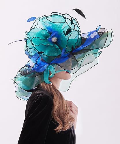Z&X Womne\'s Dual-use Organza Church Kentucky Derby Hat Bow Fascinator Clip Wide Brim Ruffles Wedding Hat Blue Green, #03a- Green and Black, One Size