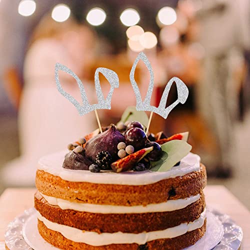 24Pcs Silver Glitter Bunny Ear Cupcake Toppers Easter Rabbit Ear Cake Toppers Food Picks Cake Decoration For Easter Spring Holiday Party Suppliers #TOP6