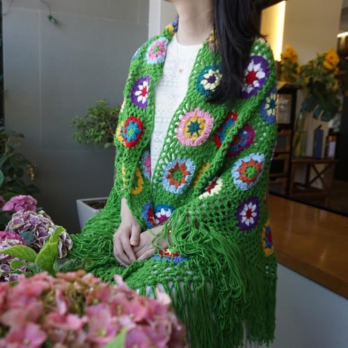 Handmade Crochet 70x34in Fringed Poncho Cape Shawls Wraps Granny Square Womens Coat Sweater2