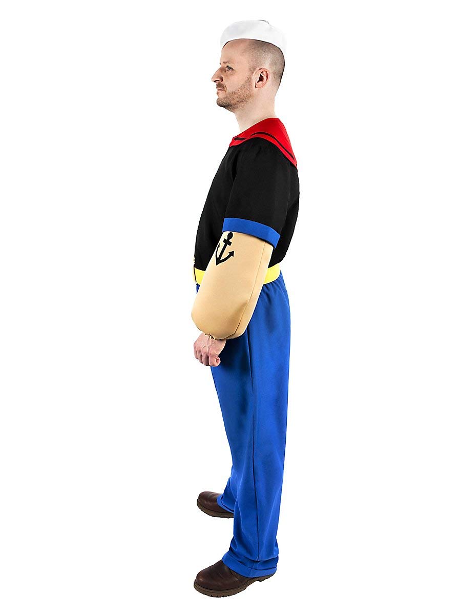 Maskworld Popeye Comic Seemann Kostüm + Pfeife komplett - 7-teilig mit Hemd, Hose, Muskel-Armen, Matrosenmütze und Pfeife (L)