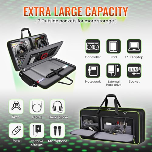 Image of SNIGJAT DJ Controller Case for DDJ-FLX10 / DDJ-GRV6 / REV5 / REV7 / FLX6 / 1000, Padded Large DJ Controller Bag with 12 Pockets for Laptop, Cables, Accessories, DJ Carrying Case with Shoulder Strap, Green