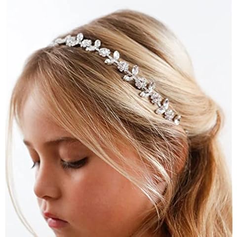 YXYAOLEE Silbernes Blumenmädchen Kopfschmuck Kristall Mädchen Stirnband Haarschmuck für Geburtstag Fotografie Strass Stirnband Blumen und Blätter Krone Haarband" Cover