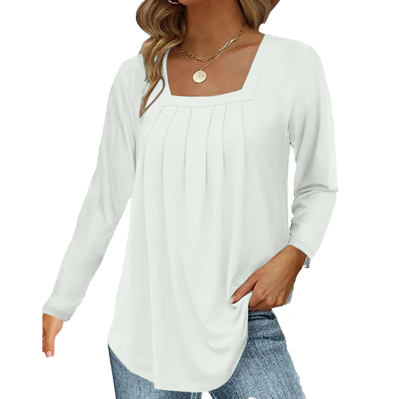 RPAEOY Camiseta Mujer de Manga Larga Elegantes Cuello Cuadrado Plisado Blusa Casual Basica Suelta Camisa Shirts Holgado Ropa para Otoño Verano