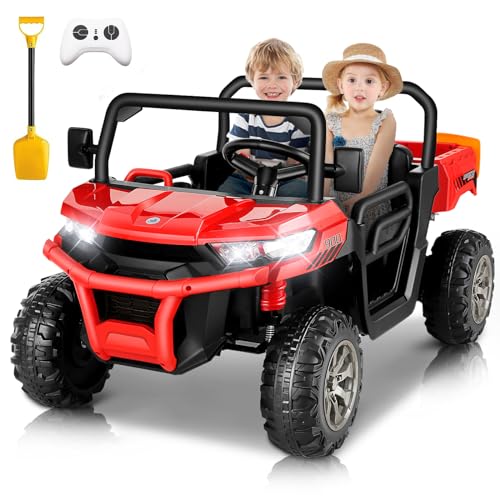Hikole 24V Ride on Toys for Big Kids with Electric Dump Bed, 2 Seater Ride on Car Truck with Remote Control, 7Ah Battery Powered, Shovel, Safety Belt, 3 Speed, Ride on UTV for Kids, Red