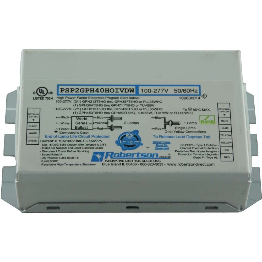 ROBERTSON 3P20166 PSP2GPH40HOIVDWM Electronic Ballast for 2/1 GPH212T5HO thru TUV75WHO UV Lamps, Program Start, 100-277Vac, 50-60Hz, HPF