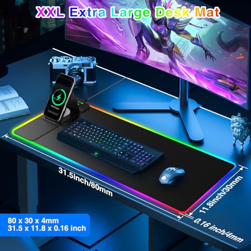 Image of RGB Gaming Mouse Pad with Magnetic Wireless Charging & Foldable Phone Stand | 31.5 inchx11.8 inch XL Extended Mousepad with Stitched Edges, Ultra-Smooth Waterproof Surface, 25 Lighting Effects, Non-Slip Base